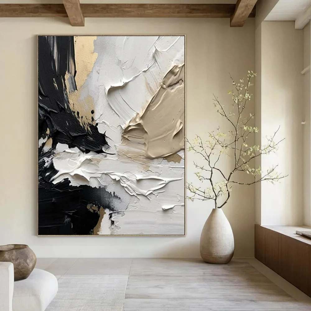 Black Textured White - oversized canvas painting for bedroom